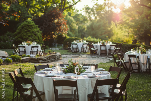 A large outdoor party with a lot of tables and chairs. The tables are set with white tablecloths and plates, and there are wine glasses and cups on the tables