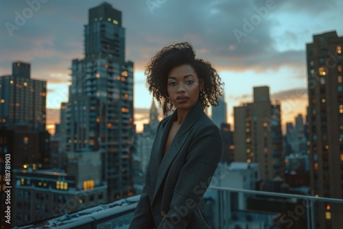 Woman with curly hair standing on balcony overlooking city skyline at dusk