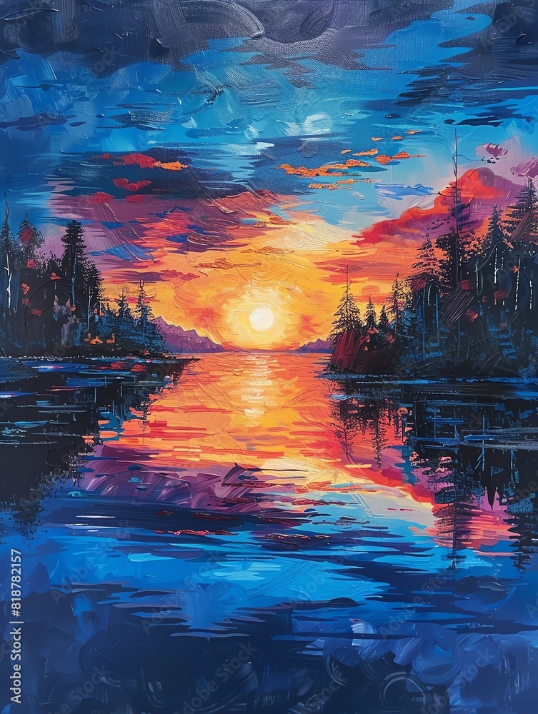 Tranquil nature scene with a captivating sunset over a serene lake, the water reflecting the vibrant hues of the sky