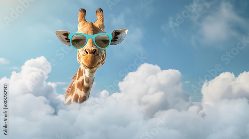 Giraffe Wearing Sunglasses Standing in the Clouds
