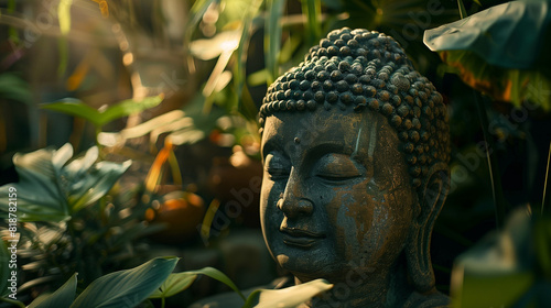 Ancient stone statue of Buddha, Buddha's head among tropical plants. Buddhist temple garden, many tropical plants, greenhouse. Concept of meditation, mindfulness, relax. photo