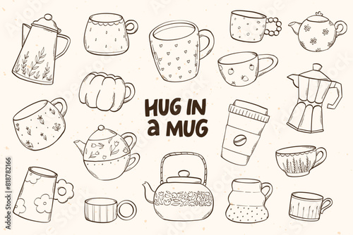 Hand drawn cups, mugs and kettles collection for prints, cards, posters, stickers, menu, scrapbooking, sublimation, etc. EPS 10