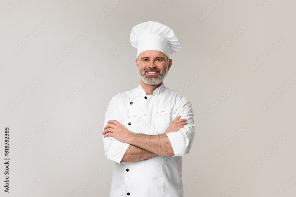 Happy chef in uniform on grey background Happy chef in uniform on grey background