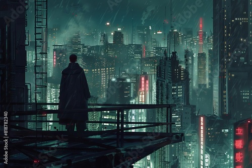 cyberpunk detective retro future city skyline digital illustration noir neon technology scifi investigator gritty dystopian 3