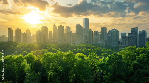 A serene city morning is captured with a soft mist hovering over a verdant urban forest  against the backdrop of a waking skyline.