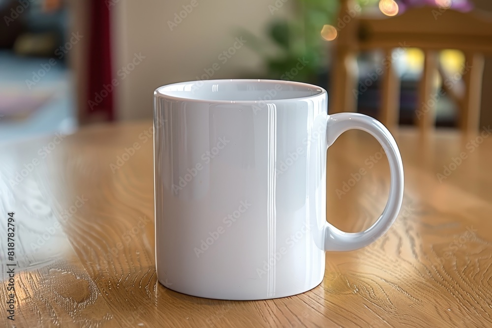 Fototapeta premium A simple photograph of a plain ceramic mug on a light wood table