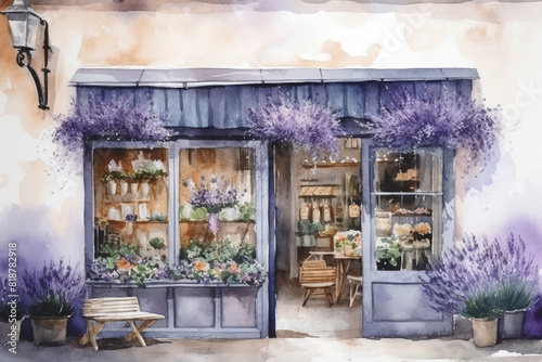 Flower shop and Lavender flowers. Cute Flower store in Paris  France  Europe. Showcase and Facade of flower store in Provence style. Watercolor Illustration