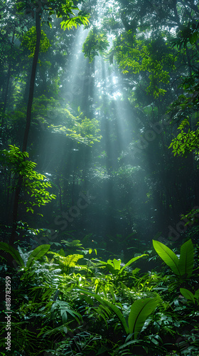 Halo of light in the middle of the Amazon jungle in nature  nature and leaf concept  forest background concept  green plants  landscape concept