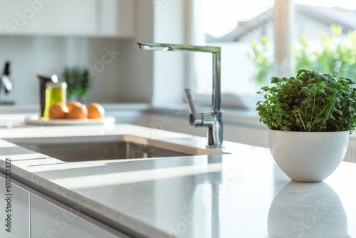 Modern white minimalistic kitchen interior details. Stylish white sink near mandarins High-resolution. Beautiful simple AI generated image in 4K  unique.