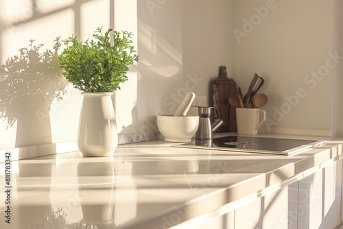 Modern white minimalistic kitchen interior details. Stylish white sink near mandarins High-resolution. Beautiful simple AI generated image in 4K, unique. © ArtSpree