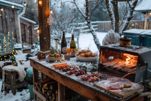 A cozy winter BBQ in a home garden. Christmas season food preparation outdoors amidst the chilly weather