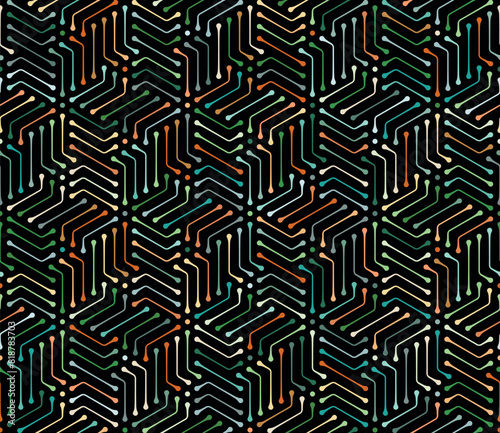 Hexagon-based geometric pattern with spiral multicolored thin lines on a black background. Seamless repeating pattern. Modern striped style.