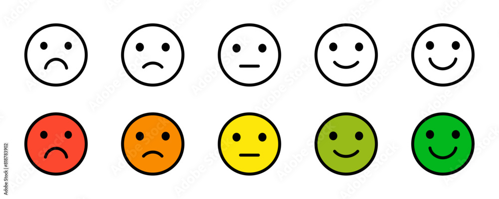 Feedback rating emoji icon set in different color. Rating emoji icon. Vector illustration. Feedback rating emoji icon set in different color. Rating emoji icon. Vector illustration.