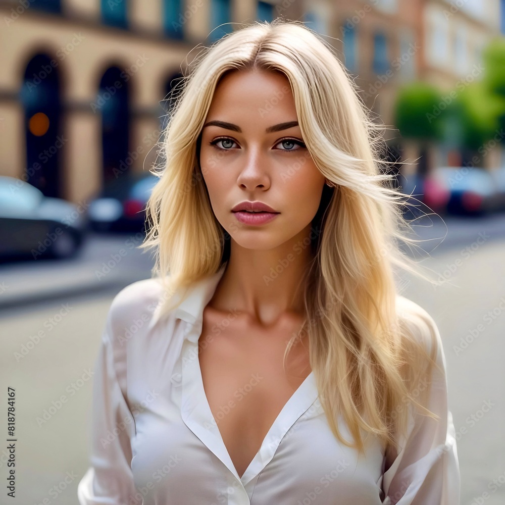 Chic blonde top model with delightful makeup and very beautiful figure poses in front of the camera. Chic blonde top model with delightful makeup and very beautiful figure poses in front of the camera.