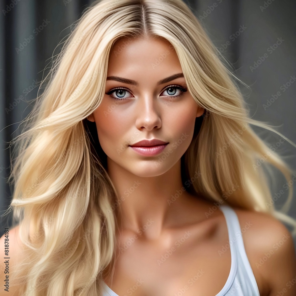 Obraz premium Chic blonde top model with delightful makeup and very beautiful figure poses in front of the camera.