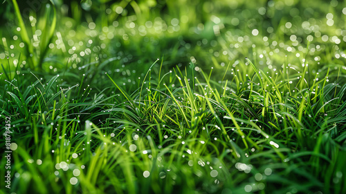 Close-Up of Morning Dew on Lush Green Grass, Symbolizing New Beginnings and Fresh Starts