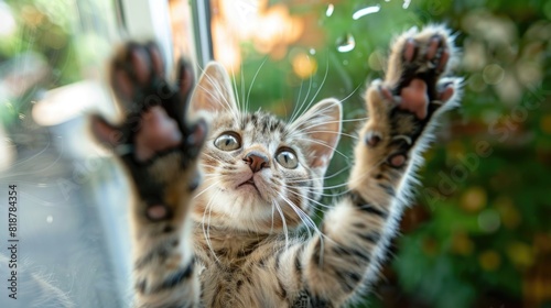 A cute little cat looks down from above, standing with paws on the glass from an unusual angle. washes its paw bites.