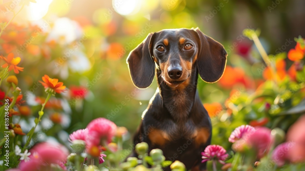 A dachshund dog standing outside in a garden full of flowers, natural sunlight is shining. A dachshund dog standing outside in a garden full of flowers, natural sunlight is shining.