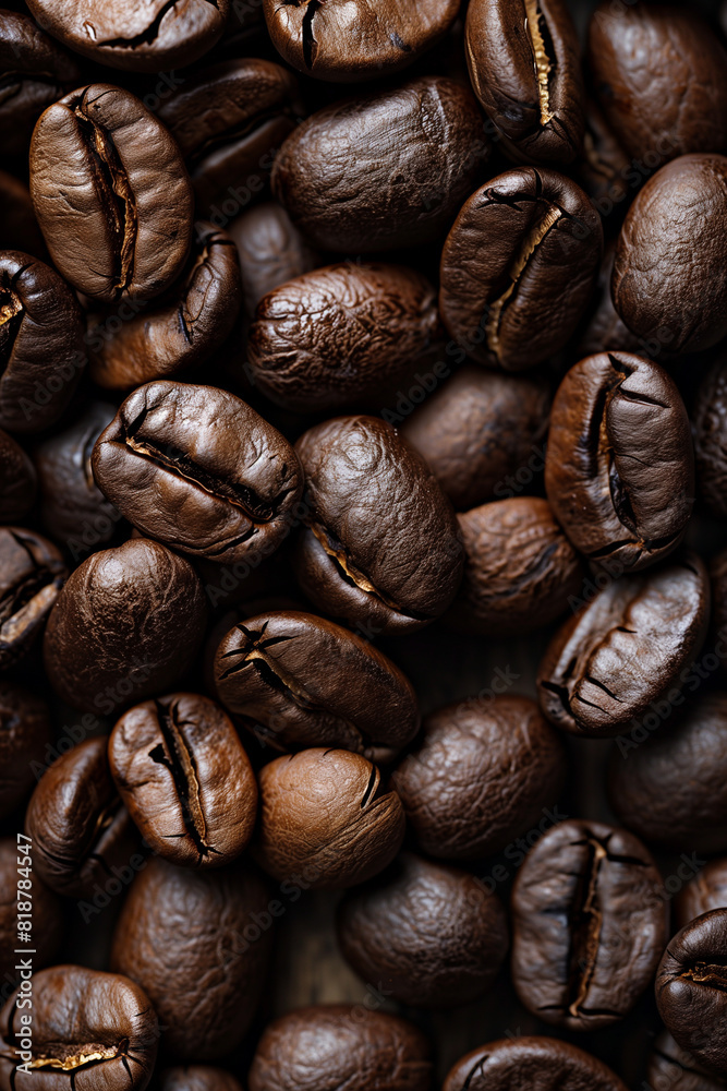 Obraz premium Roasted coffee beans. Lots of coffee beans, the beans fill the entire frame. Coffee vertical background. Top view, backdrop. 
