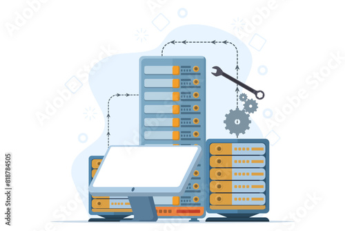 hardware and software maintenance concept, People working on problem location, technical support. Can be used for websites and mobile websites or landing pages. Easy to edit and customize.