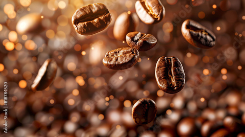 Roasted black coffee beans levitate in the air. Close-up coffee beans. Flavorful coffee beans. Concept for coffee advertising  coffee packaging. Warm colors  gold bokeh.