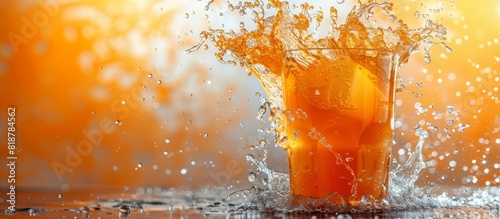 Summer cold drink orange juice explodes, shatters and flies, white background. Bursting part, relief concept， Explosive Burst of Vibrant Orange Soda Splashing with Shattered Ice Cubes on Crisp White B