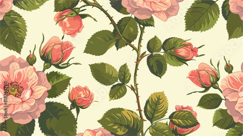 Botanical seamless pattern with pink dog roses green