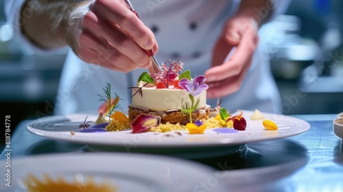 Close up of skilled chef decorating cake or dessert with edible flower. Professional baker hand making a cake with colorful flower and garnishing the dish with blurring background at kitchen. AIG42.