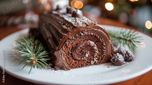 A delicious looking chocolate Yule log cake, served on a white plate