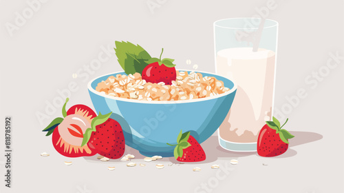 Bowl of oatmeal with strawberries and glass of milk  photo