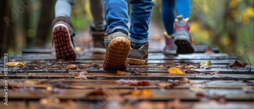 Three people are walking on a wooden bridge with leaves on the ground