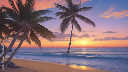 erene Beach Sunset Waves  Palms  and Colorful Sky