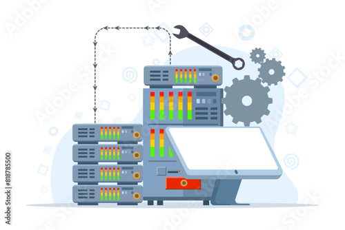 hardware and software maintenance concept, People working on problem location, technical support. Can be used for websites and mobile websites or landing pages. Easy to edit and customize.