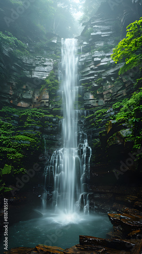 Waterfall with fog in the middle of idyllic nature  with orange tones on the rocks  nature and leaf concept  forest background concept  green plants  landscape concept