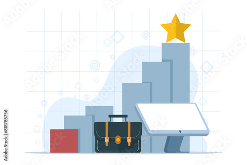 Concept of working hard for career growth and salary increase, financial and economic growth, studying new business development prospects, increasing income and profits, laptop in growing graph.