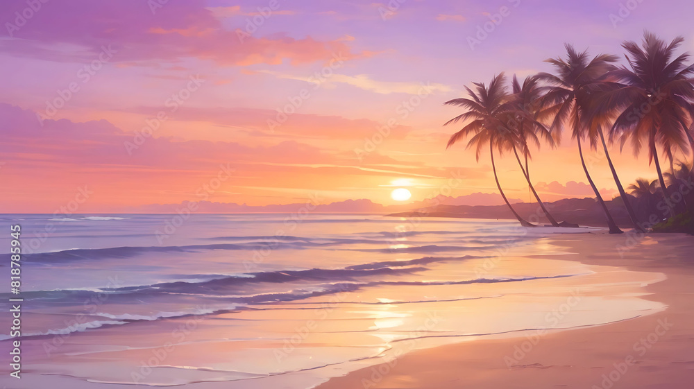 erene Beach Sunset Waves, Palms, and Colorful Sky erene Beach Sunset Waves, Palms, and Colorful Sky