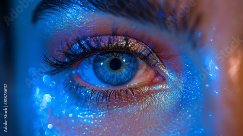 Close-up of a blue eye with glitter makeup under blue lighting.