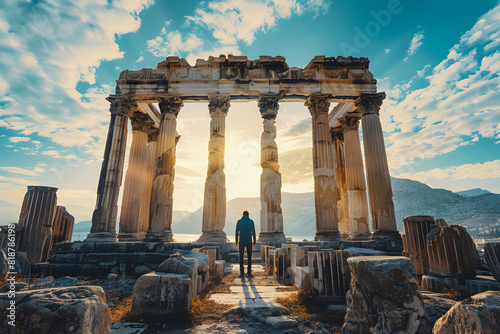 Hiker enjoying some Roman ruins with an epic atmosphere, summer concept vacation concept holidays