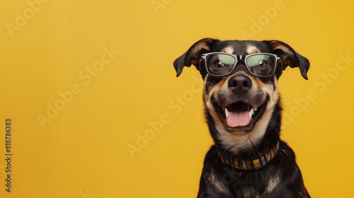 Smart Dog Wearing Glasses on Yellow Background © mattegg