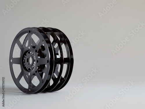 A black film reel on a white background.