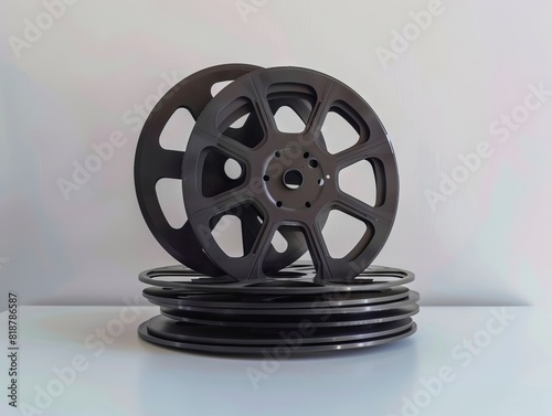 A stack of black film reels on a white surface.