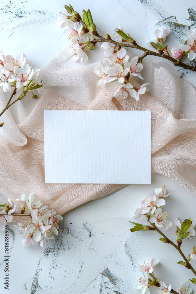 A white card with a blank space sits on a table with a floral arrangement