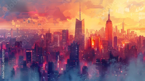 A vibrant cityscape at sunset featuring illuminated skyscrapers and a sky filled with dramatic hues of orange and pink.