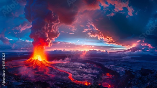 A volcano with lava flowing out of it.