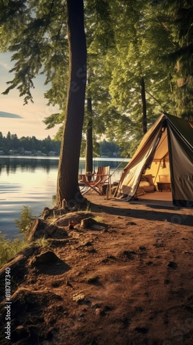Serene lakeside campsite with cozy tent under tall trees and calm water reflection