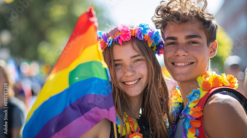 Young LGBTQ Couple Smiling with LGBTQ flag on the parade  Pride Month  Teenage Couples 