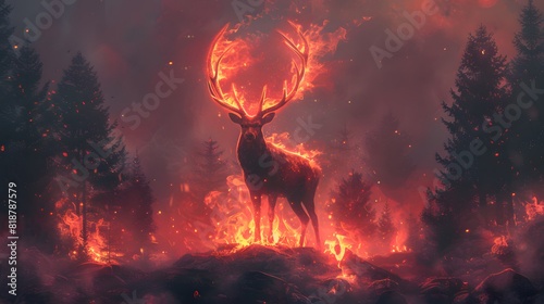 A majestic deer with glowing, fiery antlers stands amidst a burning forest, surrounded by flames and dark, smoky skies. © Sak