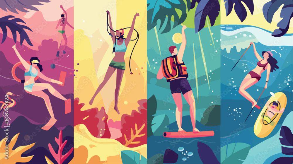 Four of vacation activities or scenes - people hiking