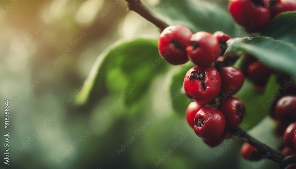 Vibrant red coffee berries on a branch, surrounded by lush green leaves, bathed in soft warm sunlight. Vibrant red coffee berries on a branch, surrounded by lush green leaves, bathed in soft warm sunlight.