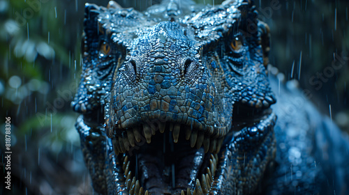 Close-up of a fierce dinosaur  possibly a T-Rex  in the rain. The dinosaur s skin is wet and textured  with sharp teeth visible. The background is blurred  suggesting a jungle or forest setting.